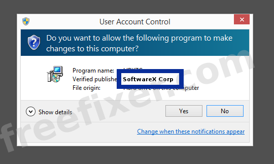 Screenshot where SoftwareX Corp appears as the verified publisher in the UAC dialog